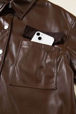 Chicory Coffee Flap Pocket Drawstring Hem Leather Jacket