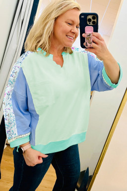 Green Color Block Floral Patchwork Long Sleeve Notched Neck Plus Size Top