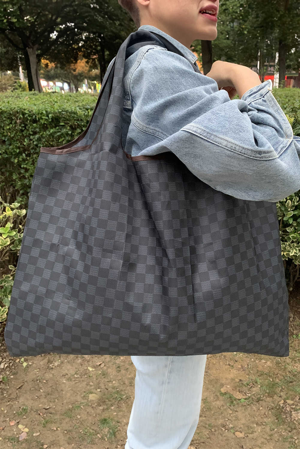 Black Checkered Print Large Foldable Tote Bag