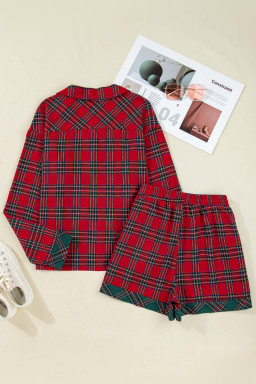 Red Plaid Contrast Color Christmas Holiday Long Sleeve Shirt and Shorts Pajama Set