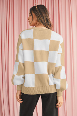 Khaki Plaid Bishop Sleeve Pullover Sweater