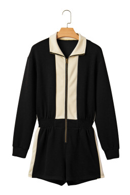 Black Two-Tone Zipper Long Sleeve Casual Romper