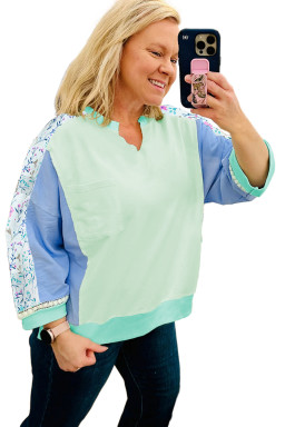 Green Color Block Floral Patchwork Long Sleeve Notched Neck Plus Size Top
