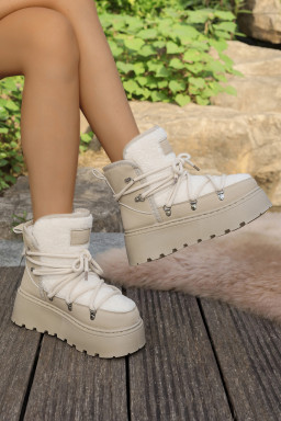 White Sherpa PU Leather Patchwork Lace-up Thick Bottom Snow Boots