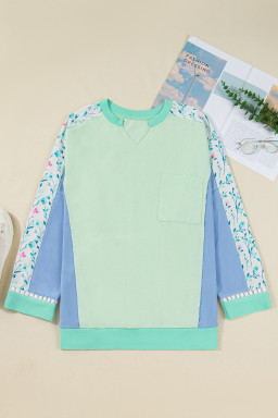 Green Color Block Floral Patchwork Long Sleeve Notched Neck Plus Size Top