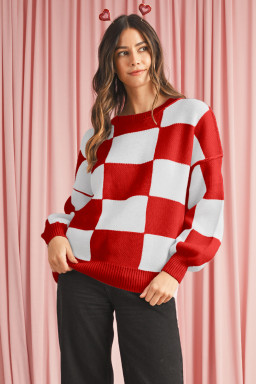 Fiery Red Plaid Bishop Sleeve Pullover Sweater