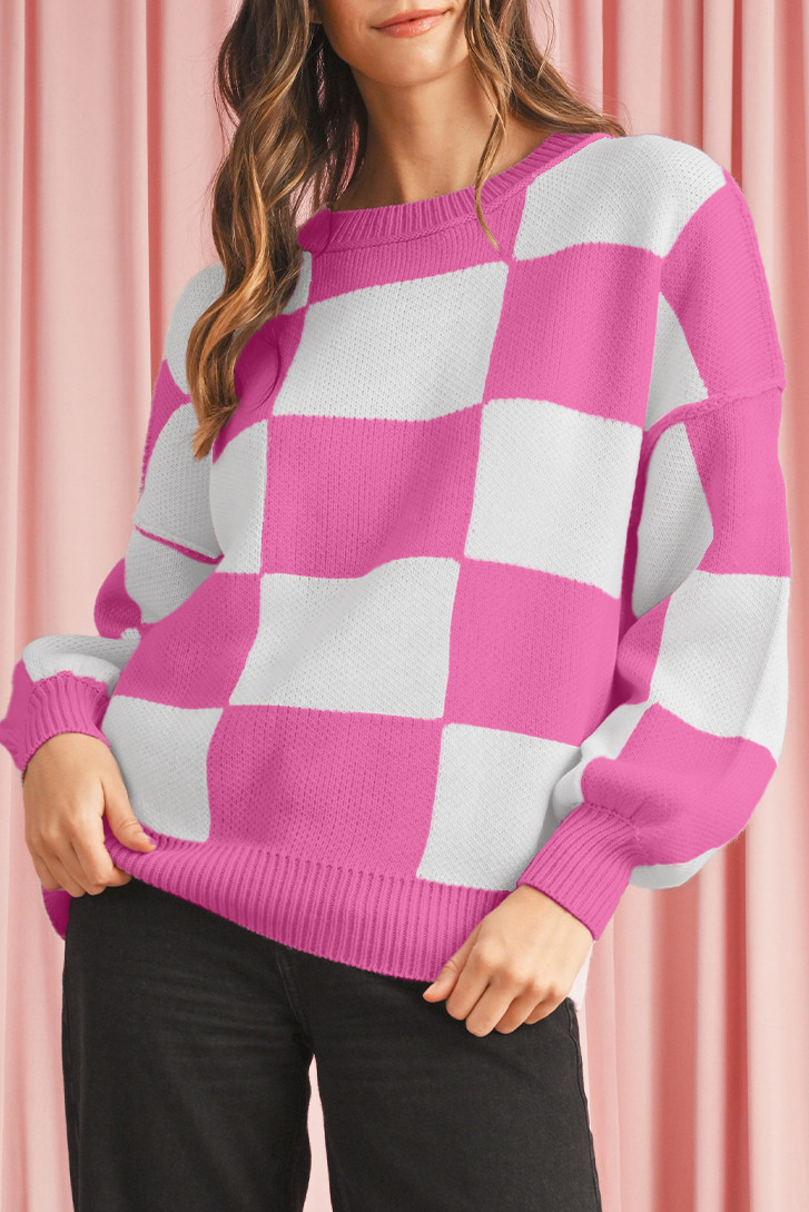 Rose Checkered Bishop Sleeve Pullover Sweater