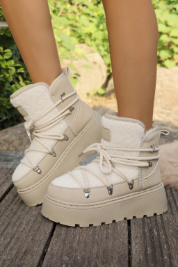 White Sherpa PU Leather Patchwork Lace-up Thick Bottom Snow Boots