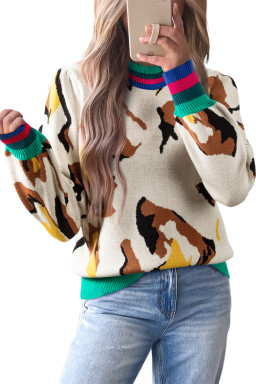 Apricot Contrast Ribbed Stripes Animal Pattern Knit Sweater