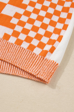 Orange Checkered Plus Size Drop Shoulder Knit Cardigan