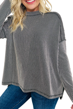 Black Twisted Rib Exposed Seam Detail Long Sleeve Loose Top