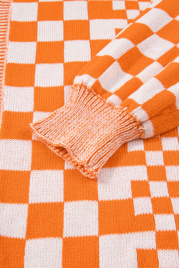 Orange Checkered Plus Size Drop Shoulder Knit Cardigan