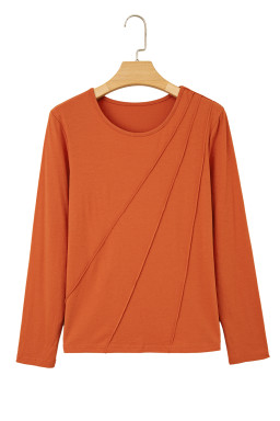 Red Clay Asymmetric Seam Detail Solid Color Long Sleeve Top