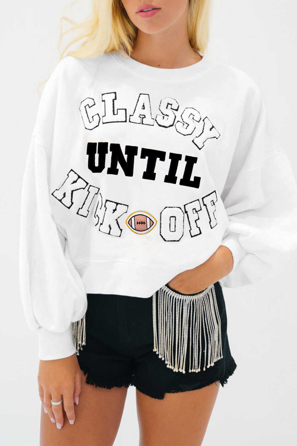 White CLASSY UNTIL KICKOFF Letter Graphic Loose Sweatshirt