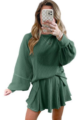 Mist Green Corded Lantern Sleeve Top High Waist Ruffled Mini Skort Set