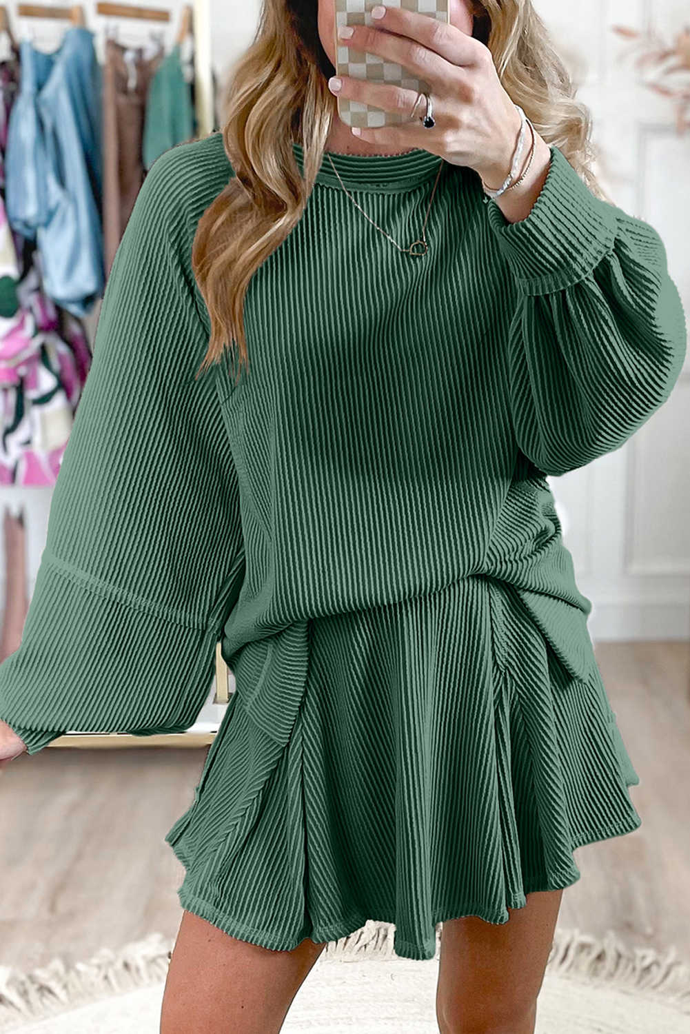 Mist Green Corded Bishop Sleeve Pullover and Ruffle Mini Skirt Set