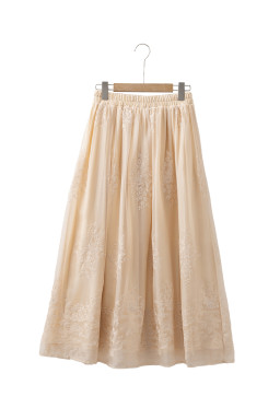 Oatmeal Embroidered Mesh Overlay Flowy Long Skirt