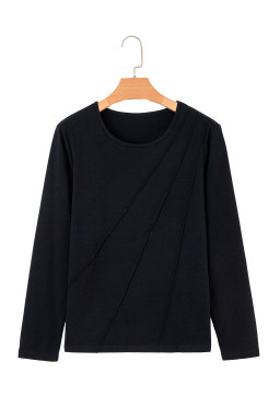 Black  Asymmetric Seam Detail Solid Color Long Sleeve Top