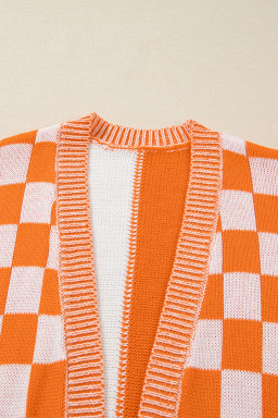 Orange Checkered Plus Size Drop Shoulder Knit Cardigan