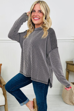 Black Twisted Rib Exposed Seam Detail Long Sleeve Loose Top