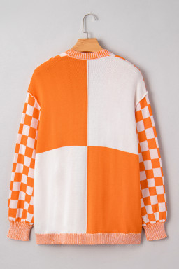 Orange Checkered Plus Size Drop Shoulder Knit Cardigan