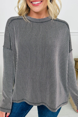 Black Twisted Rib Exposed Seam Detail Long Sleeve Loose Top