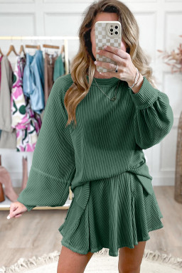 Mist Green Corded Lantern Sleeve Top High Waist Ruffled Mini Skort Set