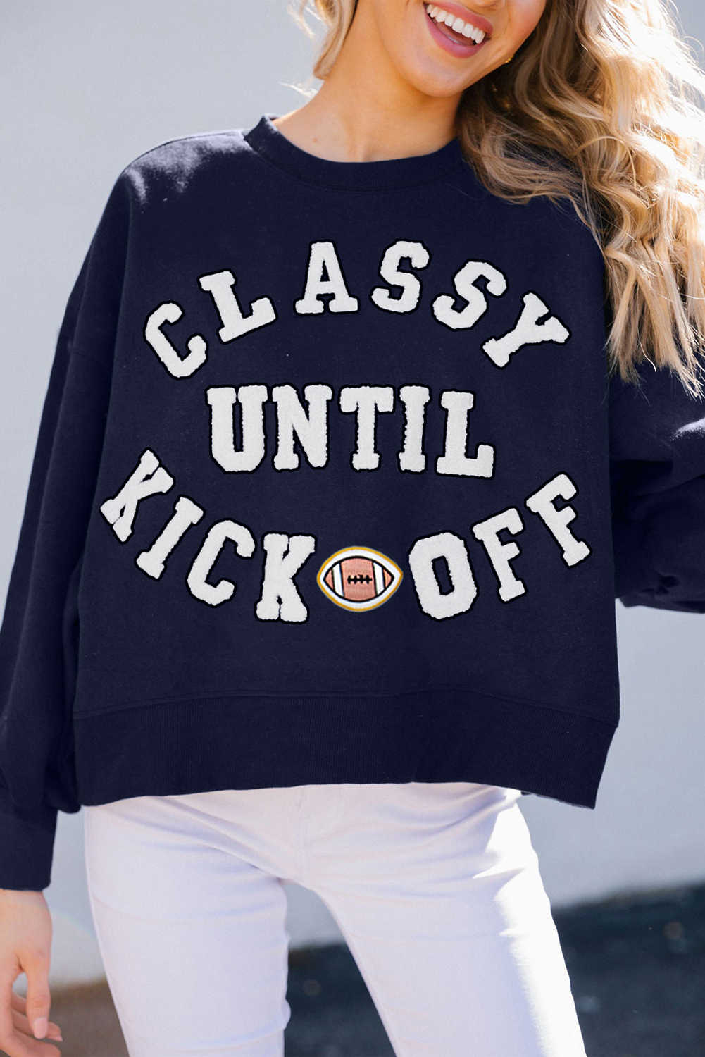 Navy Blue CLASSY UNTIL KICKOFF Letter Graphic Loose Sweatshirt