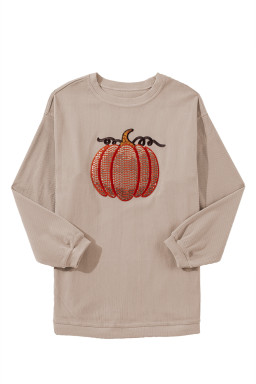 Apricot Crinkle Ribbed Halloween Sequin Pumpkin Graphic Sweatshirt