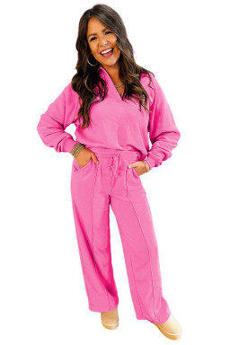 Sachet Pink Solid Color Collared Pullover and Central Seam Pants Set