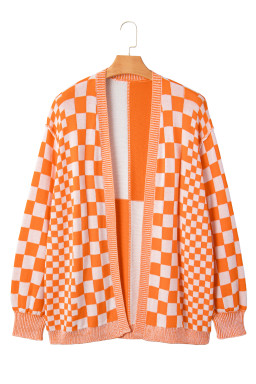 Orange Checkered Plus Size Drop Shoulder Knit Cardigan