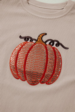 Apricot Crinkle Ribbed Halloween Sequin Pumpkin Graphic Sweatshirt