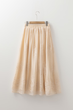 Oatmeal Embroidered Mesh Overlay Flowy Long Skirt