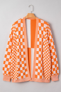 Orange Checkered Plus Size Drop Shoulder Knit Cardigan
