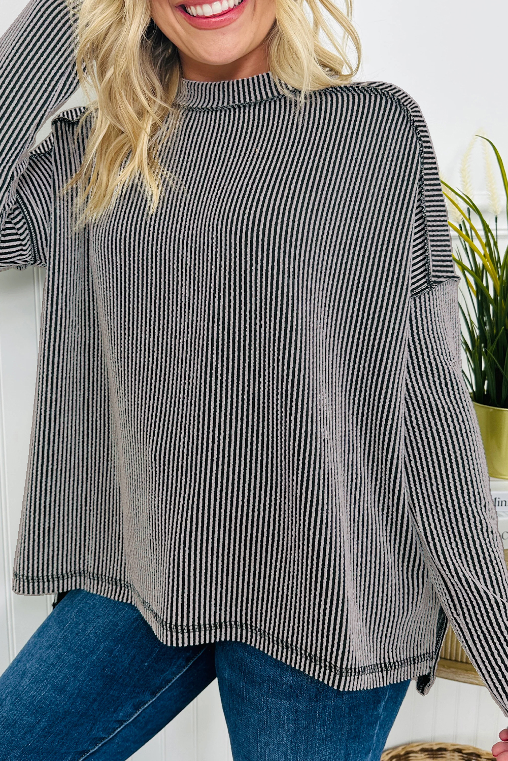 Exposed Seam Detail Long Sleeve Knit Top