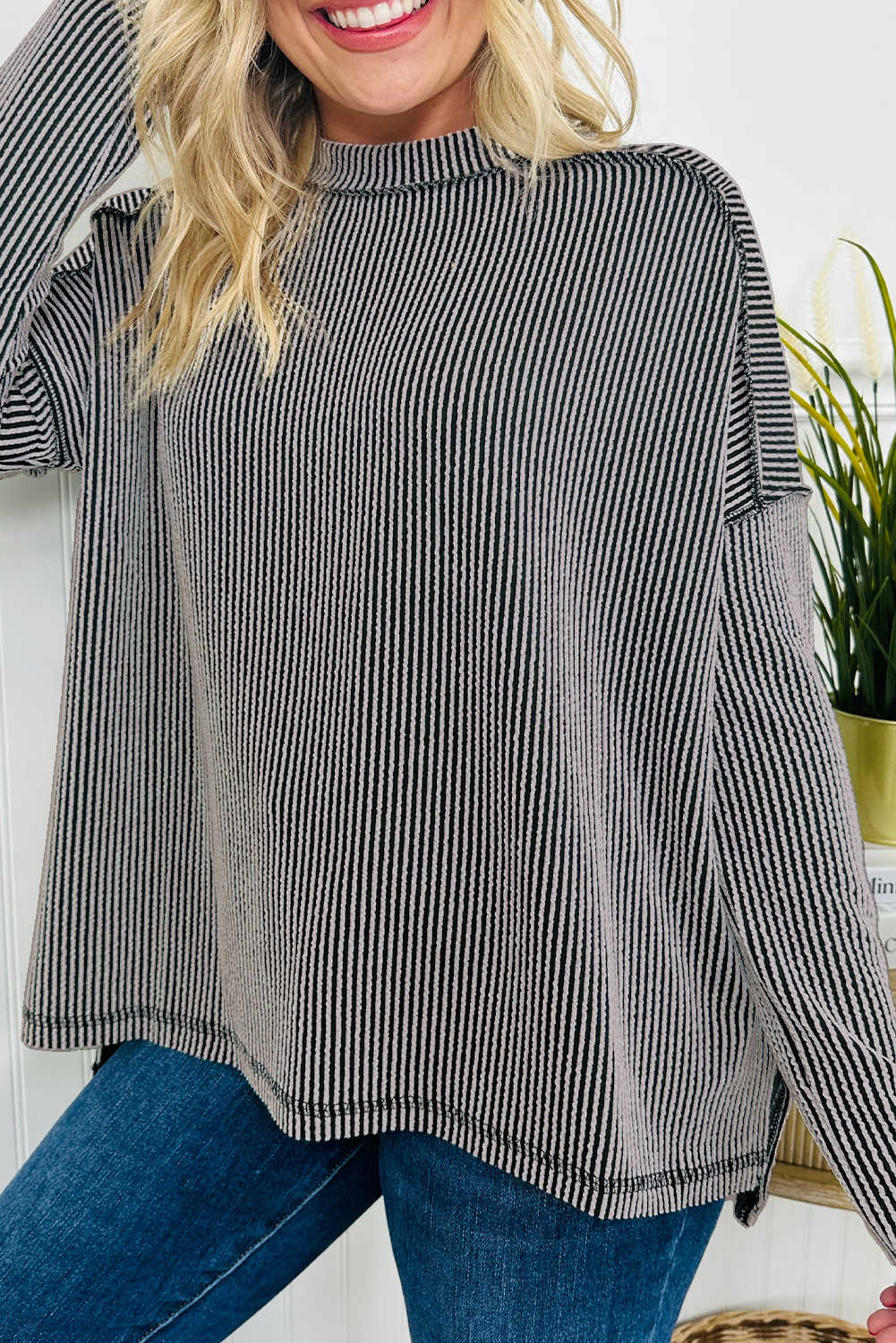 Black Twisted Rib Exposed Seam Detail Long Sleeve Loose Top