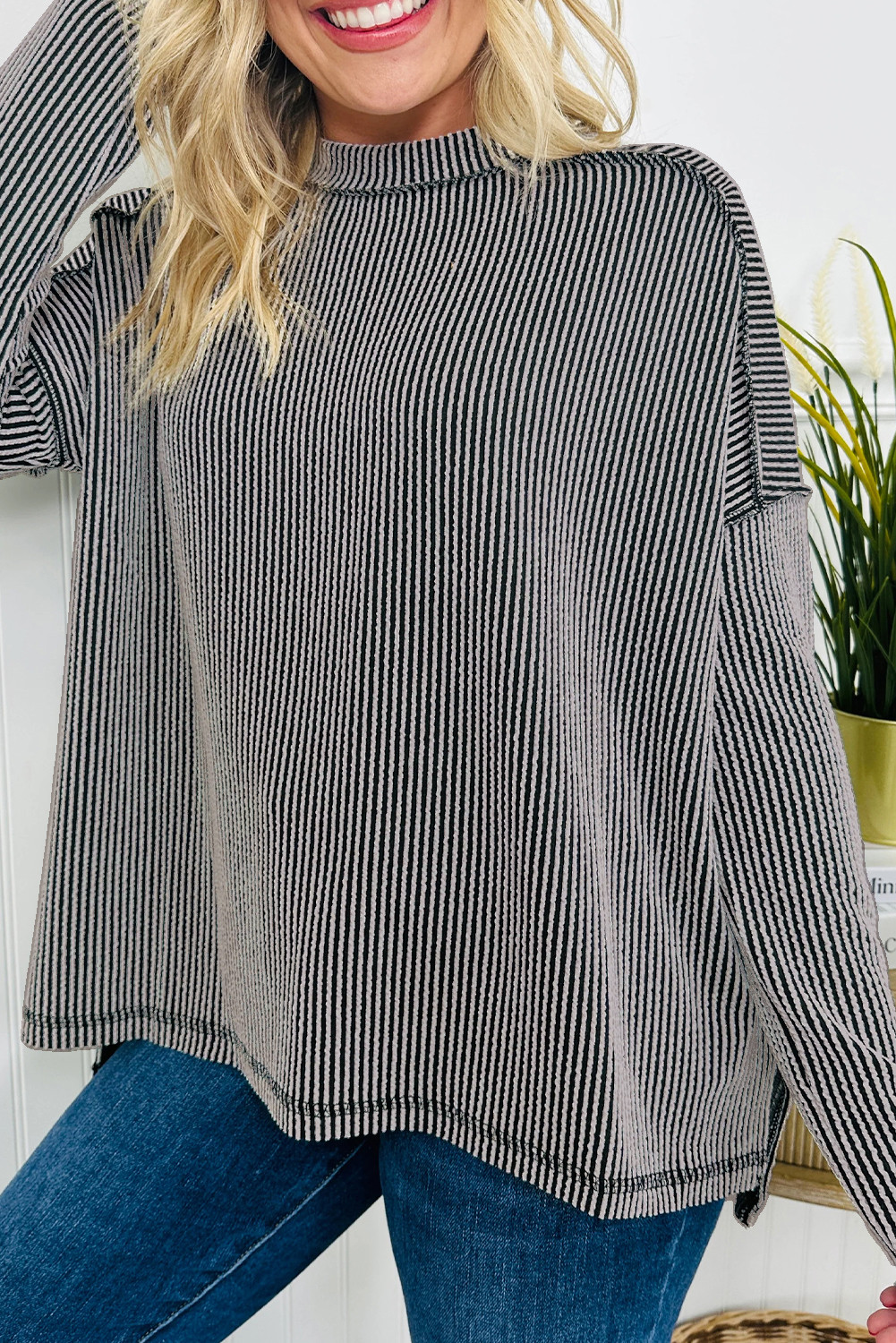 Black Twisted Rib Exposed Seam Detail Long Sleeve Loose Top