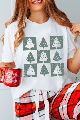 White Christmas Tree Checkered Distressed Heat Transfer Printing Graphic Tee
