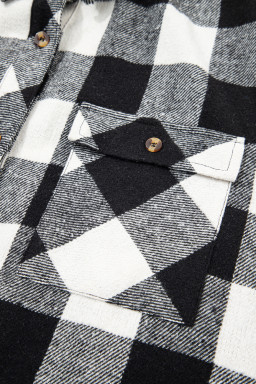 Black Plaid Patchwork Drawstring Hooded Raw Hem Shacket
