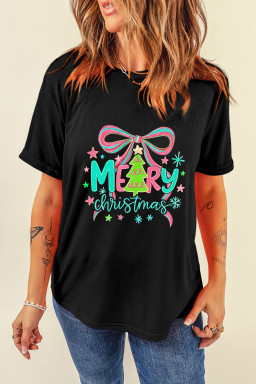 Black MERRY Christmas Vibrant Bow Heat Transfer Printing T Shirt