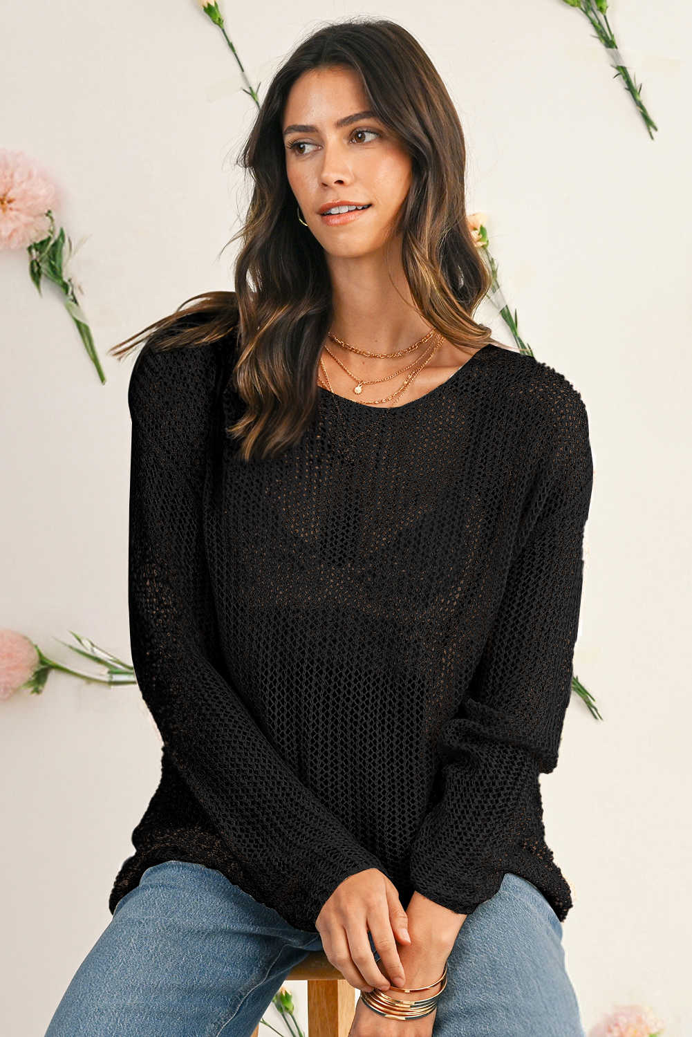 Black Crochet Hollow-out Knit Sweater