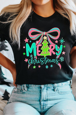 Black MERRY Christmas Vibrant Bow Heat Transfer Printing T Shirt