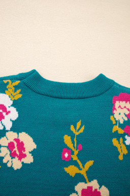 Blue Flower Pattern Short Sleeve Knit Top