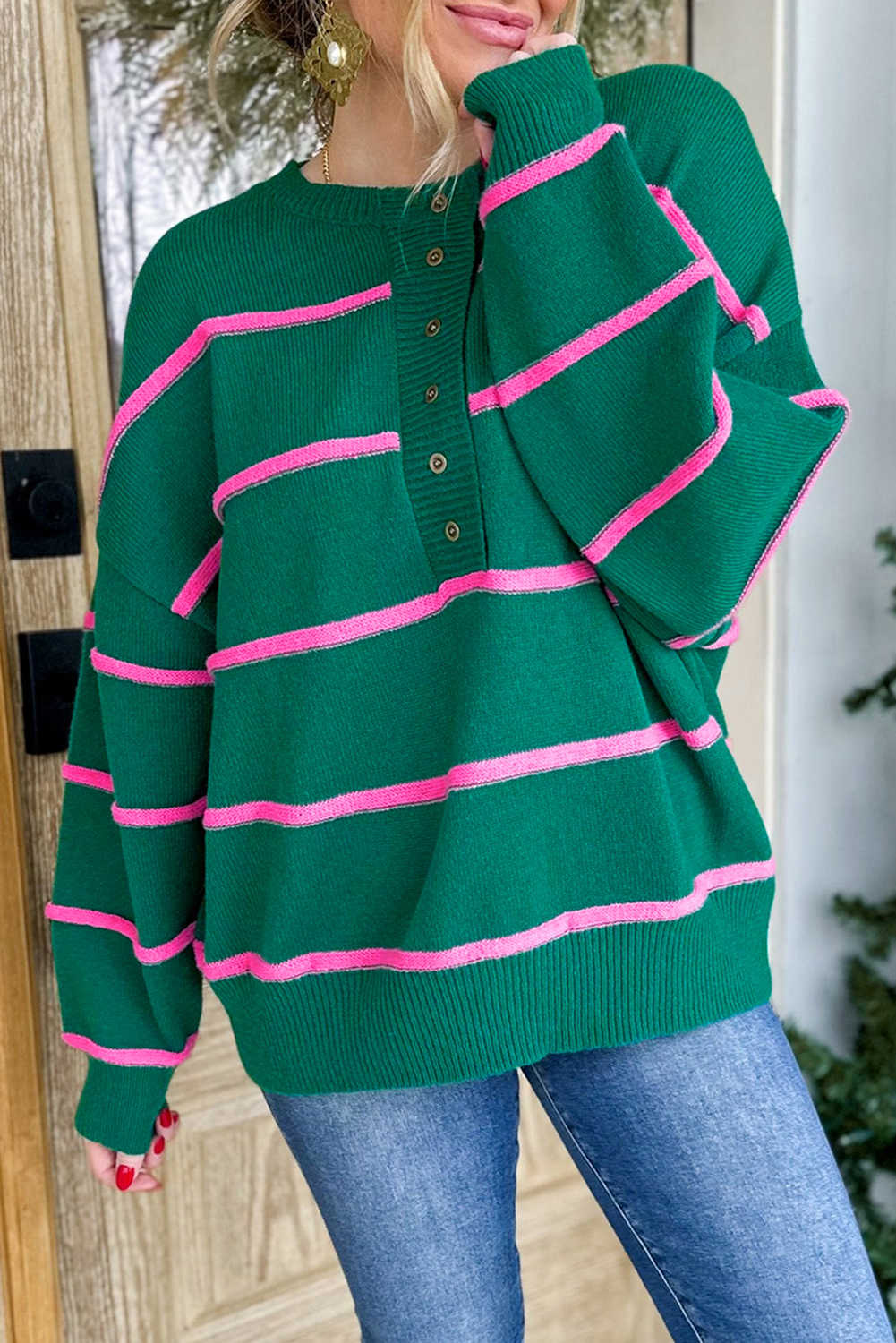 Green Striped Half Button Drop Shoulder Oversized Sweater