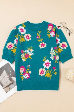 Blue Flower Pattern Short Sleeve Knit Top
