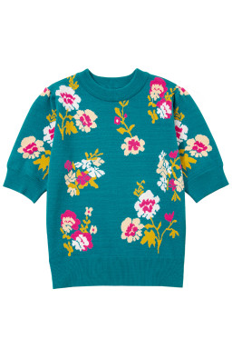 Blue Flower Pattern Short Sleeve Knit Top