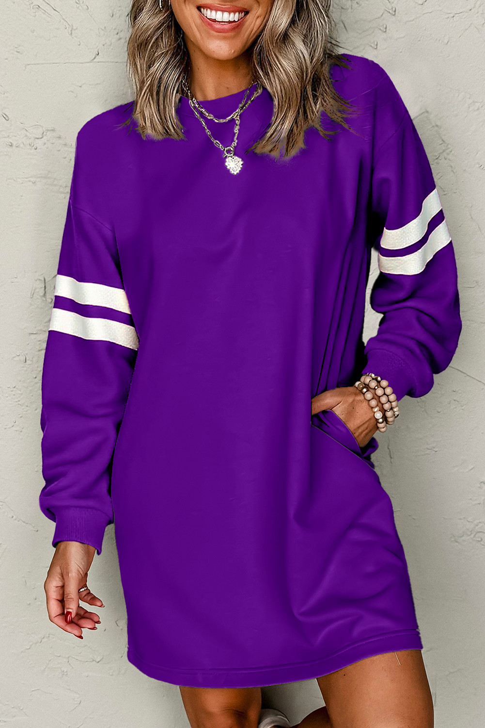 Tillandsia Purple Preppy Striped Sleeve Loose Mini Dress