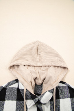 Black Plaid Patchwork Drawstring Hooded Raw Hem Shacket