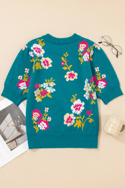 Blue Flower Pattern Short Sleeve Knit Top