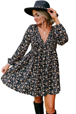 Black Floral Smocked V Neck Bubble Sleeve Babydoll Dress